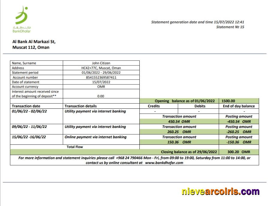 Oman Bank Dhofar bank statement in Word and PDF format